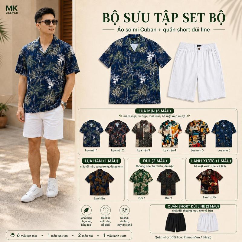 Set Bộ Sơ Mi Cuban , Quần Short Đũi Line MK CLEVER Đồ bộ nam Form Thoáng Mát, Set Đồ Nam Trẻ Trung Mùa Hè