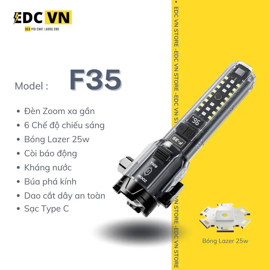 Đèn Pin F35 Led lazer zoom tỏa siêu sáng - còi báo động - cắt dây an toàn - phá kính - cod led – sạc cho điện thoại - 6 chế độ sáng - kháng nước
