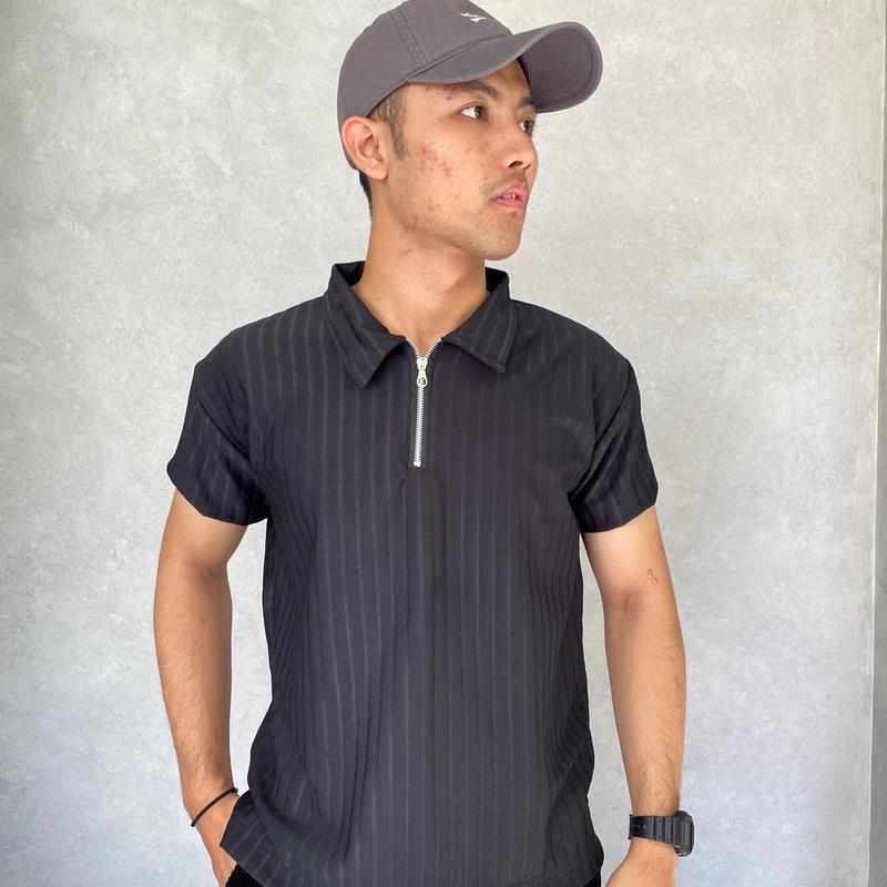 Kaos polo shirt zipper pria Korean Knit baju Polo Shirt Pria Salur Besar resleting Dengan Cutting Slim Fit Kerah Pendek polos half zipper 5