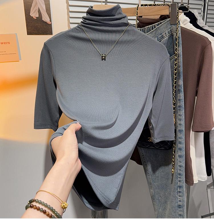 Product Introduction of Shoulder-length black half-high neck mid-sleeve t-shirt women's pre-fall 2024 undershirt with five-quarter sleeve top 15