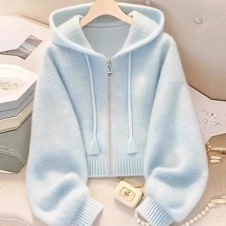 Áo Khoác Len Có Mũ Màu Xanh Dương, Thời Trang Mới Mùa Thu 2024, Dễ Phối Đồ Cao Cấp, Áo Cardigan Dệt Kim, Phong Cách Lười Biếng