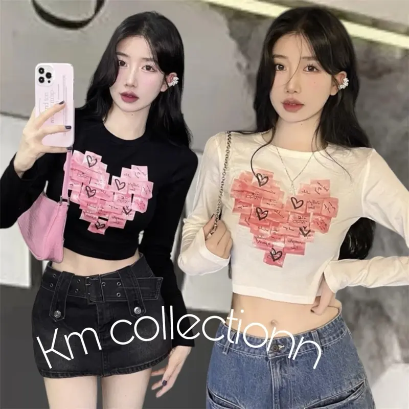 KM COLLECTIONN LONGSLEVEE PINK HEART WANITA Crop 0