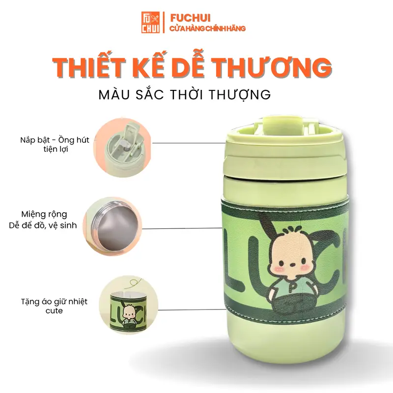 Bình Giữ Nhiệt FuChui 500ml Inox 304 – Thiết Kế Cute - Có Ống Hút - Khắc Tên Theo Yêu Cầu 4