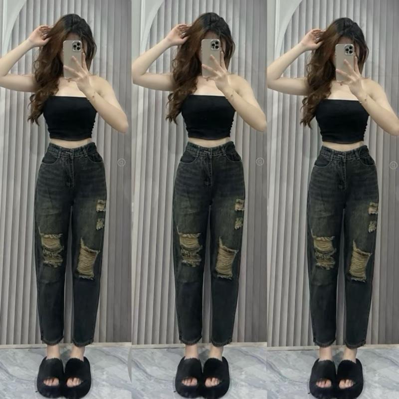 (BIGSIZE) Quần jeans Baggy Lưng chun Rách Mẫu Mới Thêu Túi Sau Denim