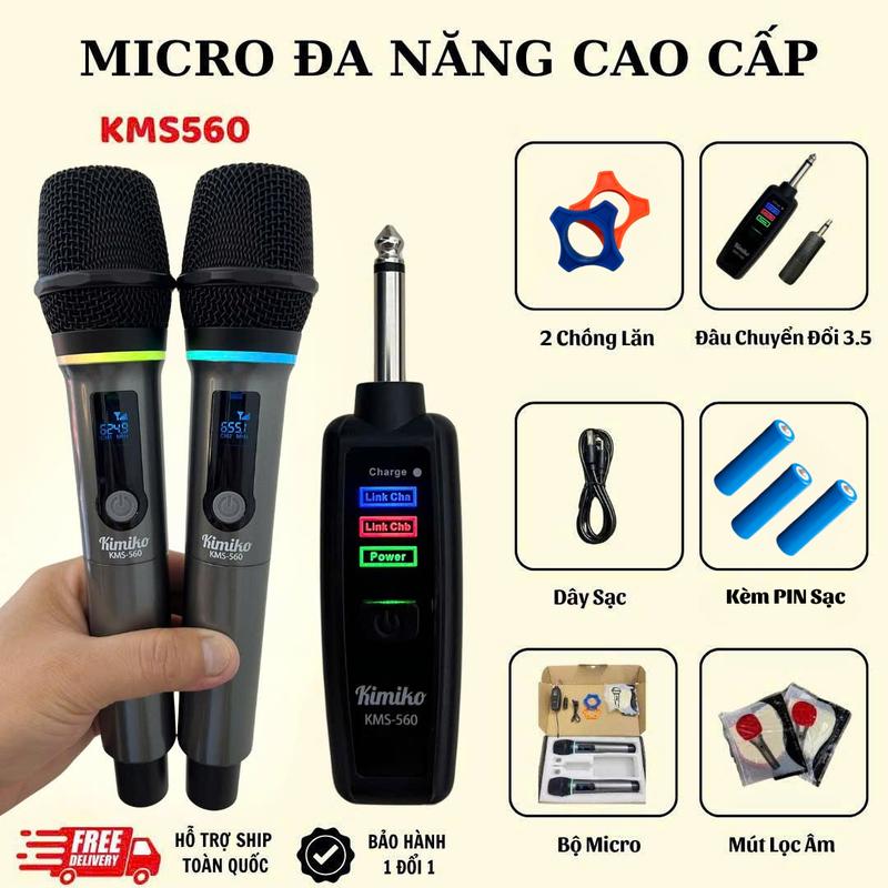 MIC đa năng KMS560 hát cho Loa kéo Âm ly Vang chỉnh được tăng giảm trên tay MIC kèm PIN sạc