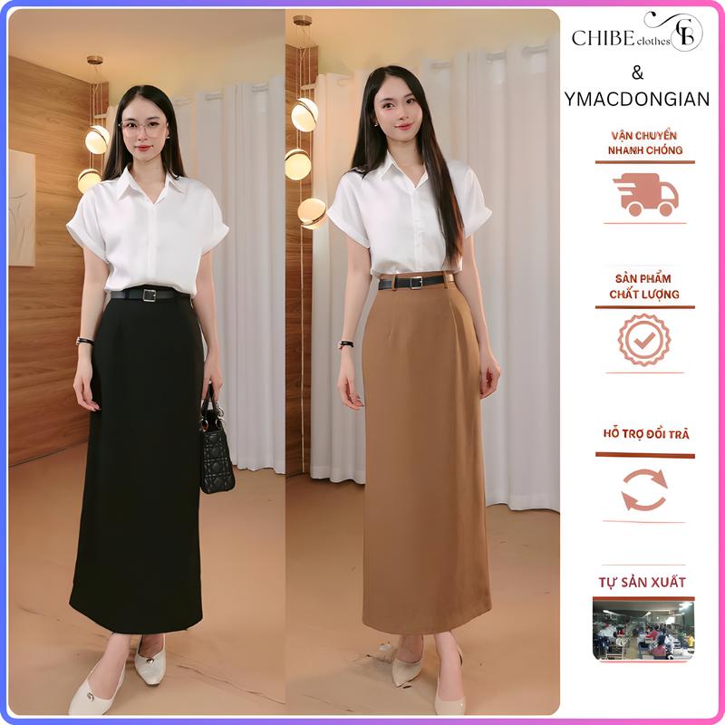 Chân Váy Suông Dáng Dài 90cm Phối Đai Da (Tặng Kèm)_Lót Lụa_Chất Liệu Vitex_Có Túi 2 Bên_CV70 Nữ Women