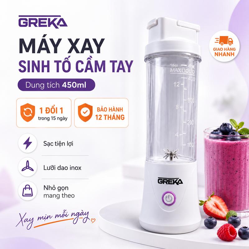 Máy Xay Sinh Tố Cầm Tay, 60W, dao 22 cánh, xay đá, đồ đông lạnh, Máy Xay GREKA
