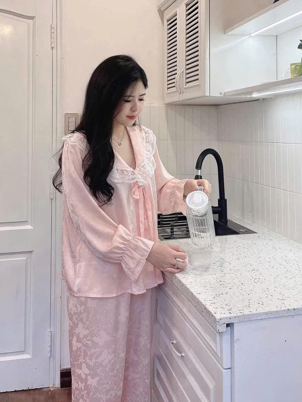 N127 - Pijama lụa gấm bèo cổ thắt nơ cho nữ (women) - Bộ ngủ lụa mặc nhà hàng quảng châu cao cấp