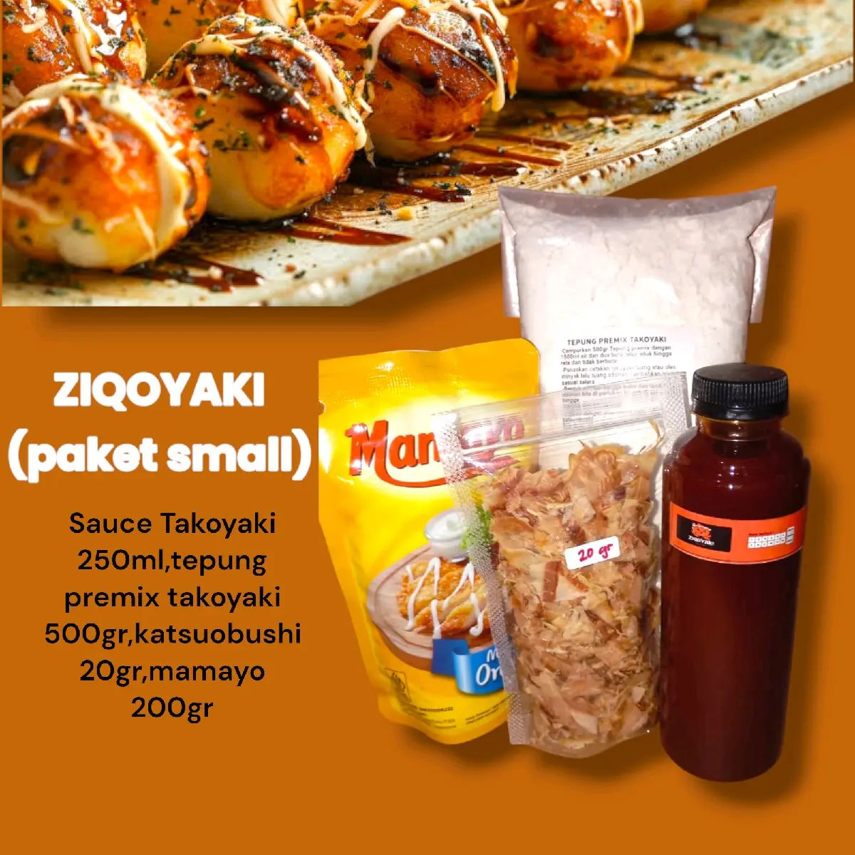 PAKET TAKOYAKI SMALL (tepung premix,sauce takoyaki,katsuobushi,mamayo)
