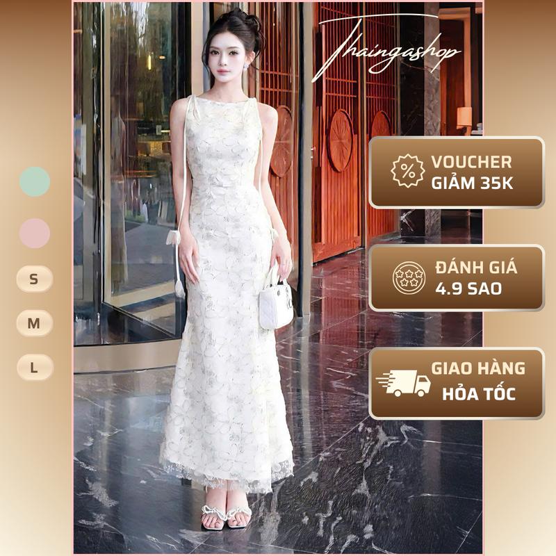 {MỞ BÁN-TẶNG khăn choàng} Đầm Dự Tiệc Dáng Dài Đuôi Cá Cổ Thuyền Chất Ren Hoa Màu Xanh Hồng Size S M L Sang Trọng