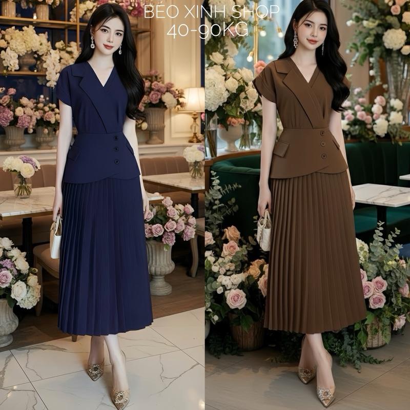 Váy Giả Set Thiết Kế Cổ V Phối Xếp Ly Tiểu Thư (Vải Tuyết Mưa) Dày Dặn Cao Cấp Thanh Lịch Cho Các Nàng Bigsize 40–90kg Thời Trang Nữ Béo Xinh Shop - A.1597