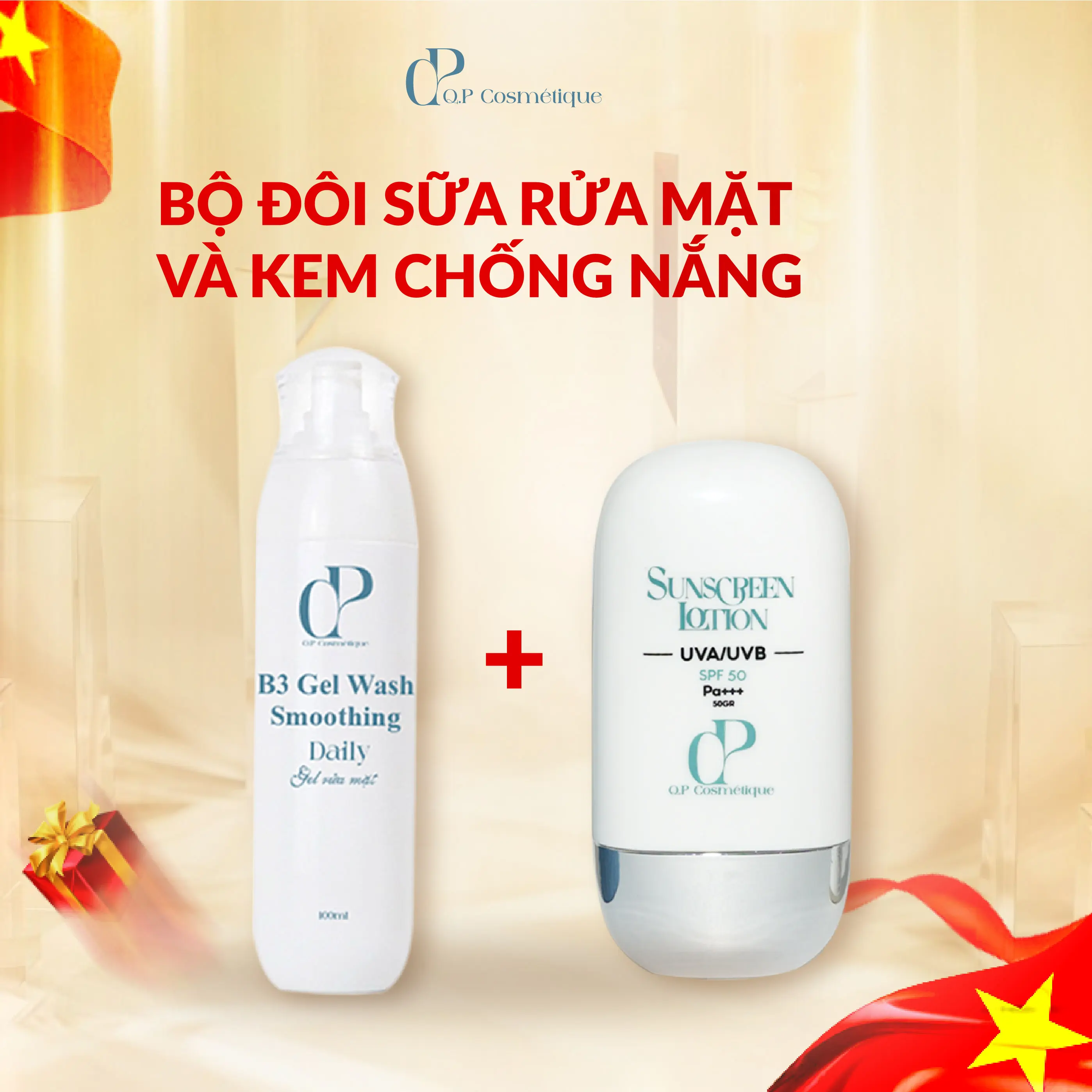 Bộ Đôi Sữa Rửa Mặt Q.P Cosmétique 100ml Và Kem Chống Nắng Q.P Cosmétique SPF 50 PA+++ 50gram Skincare Massage Son Toner Peel Da