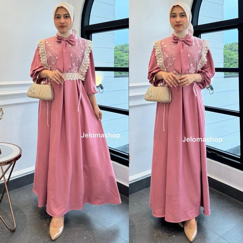 Dress Muslimah LOLI Wanita Model Rompi Tille Bordir dengan Leher Pita dan Lengan Karet - Fit Menyusui Cantik 7