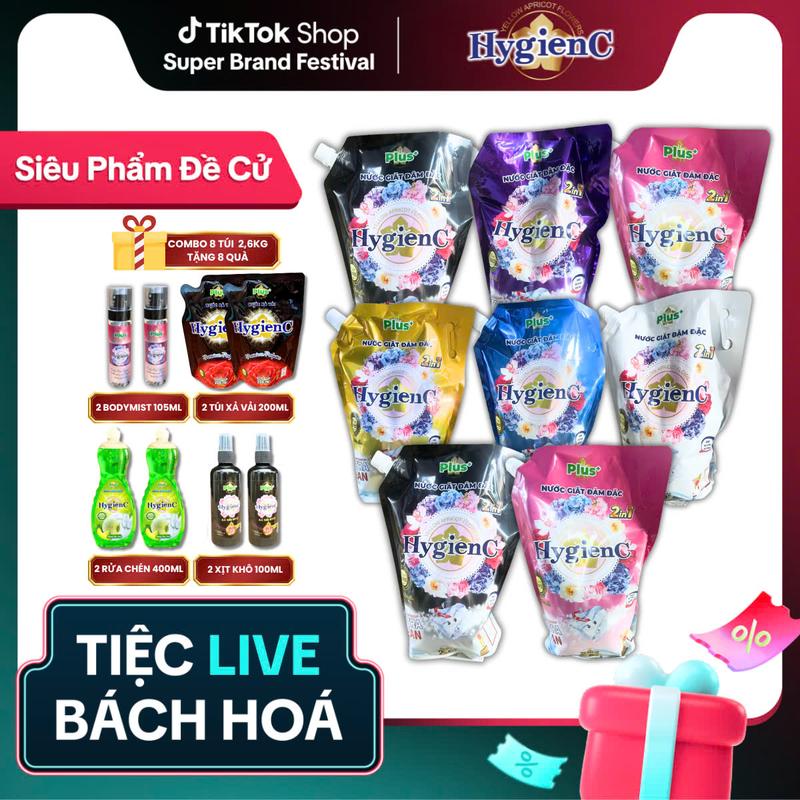 [TẶNG 8 MÓN QUÀ TUỲ CHỌN] THÙNG 8 TÚI Nước giặt HygienC Plus (2600ml/Túi) công nghệ Thái Lan thơm ngát, làm sạch