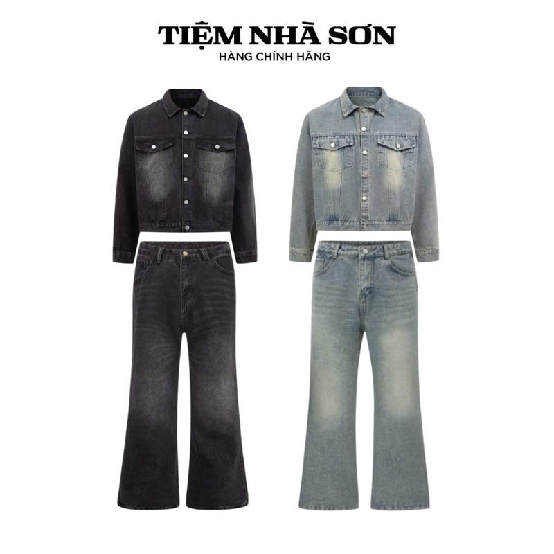   Combo Áo + Quần  Quần Jean Loe Bootcut Douyin Áo Khoác Denim Boxy Crop Unisex Nam Nữ Tiệm Nhà SƠN 