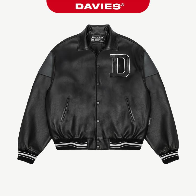 Áo khoác varsity jacket da nam nữ thêu logo local brand Davies màu đen BMG Leather| D22-AK4