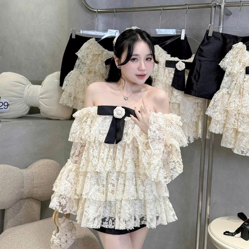 BIGSIZE HIẾU HIẾU 55-95KG - Set thời trang nữ Áo ren hoa tầng babydoll tay dài đính nơ + Chân váy chữ a S616