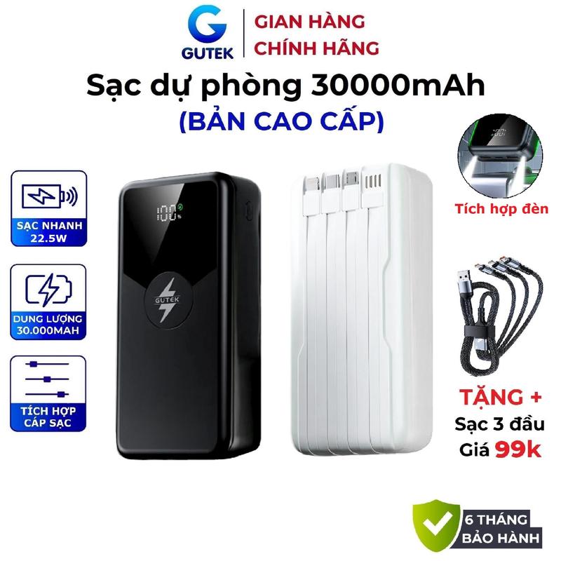 [Tặng sạc 3 đầu] Pin sạc dự phòng Gutek GT239 dung lượng 30000mAh sạc nhanh 22,5W tích hợp dây cáp