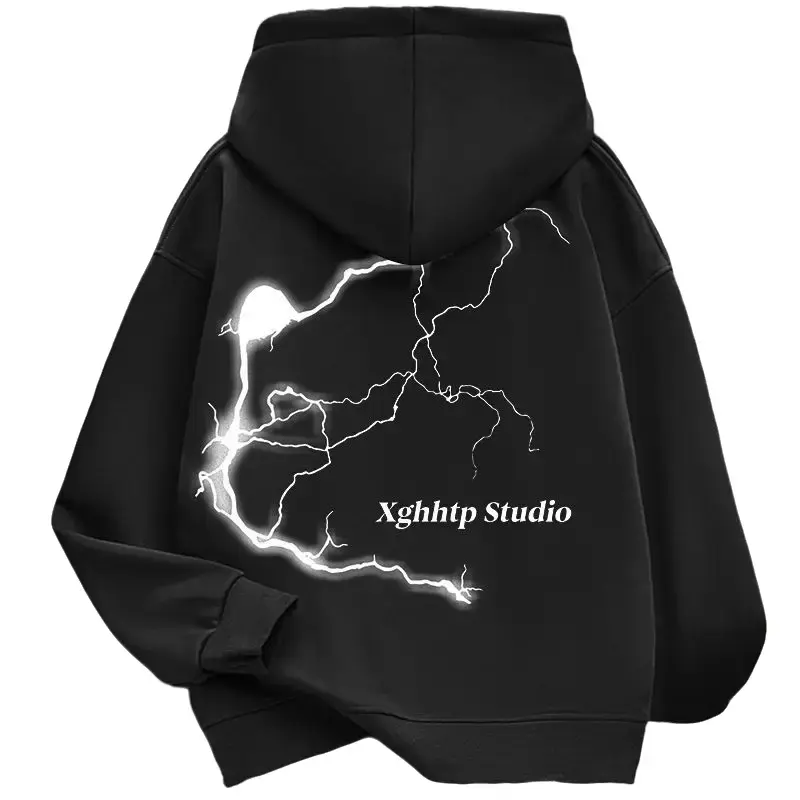 Áo Len In Hình Tia Chớp, Phong Cách Cổ Điển Mỹ Thương Hiệu Thời Trang Ins Hip Hop, Dáng Rộng Vừa Vặn, Dành Cho Học Sinh Nữ, Lót Lông Cừu, Áo Áo Chui Đầu Có Mũ Trùm Đầu, Thời Trang Hoodie Women