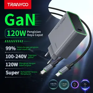 TRANYOO Charger HP GaN 120W Kabel Data Type-C Adaptor untuk Handphones Quick Charger Fast Charging PPS Support Cocok untuk Vivo OPPO Xiaomi HUAWEI realme iPhone Honor POCO Samsung Super Fast Charging Kompatibel Semua Merek Charger Data Cable Set T-EU8C