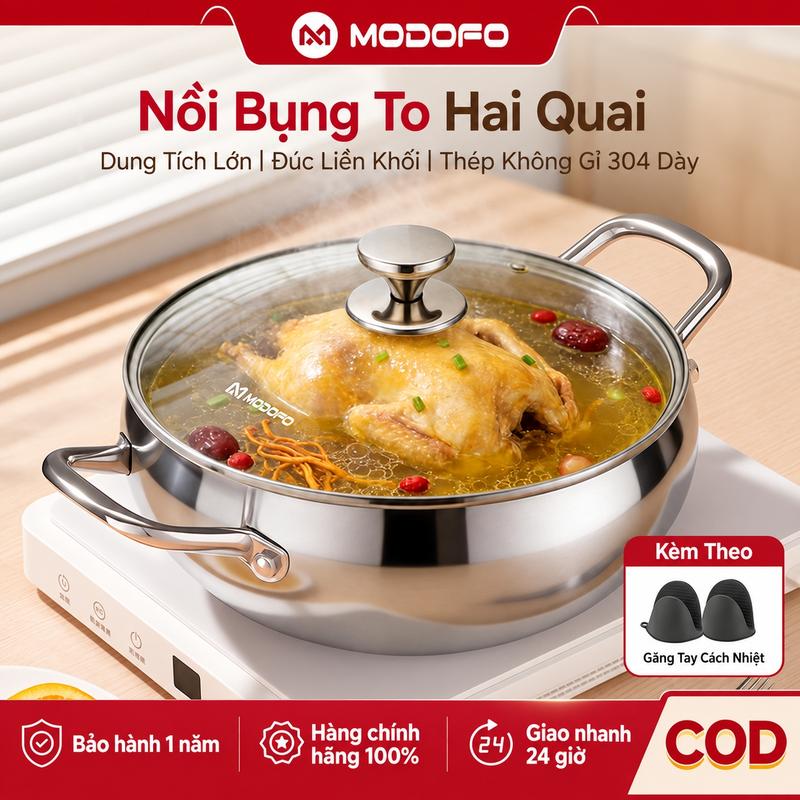 Ấm nấu canh bằng thép không gỉ 304 liền khối MODOFO – Dung tích lớn 5–7 L, không có lớp phủ, dùng được trên bếp ga và bếp từ – Tặng kèm bao chống nóng cho tay cầm ấm