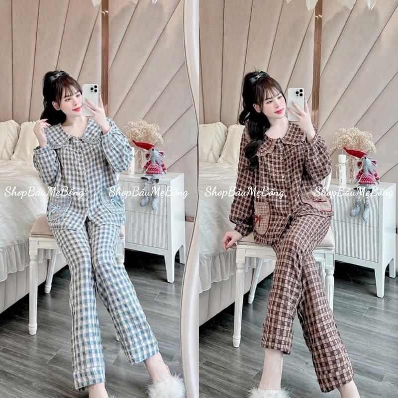 COMBO 2 Bộ Bầu Bộ Sau Sinh Mặc Nhà Quần Dài Áo Dài Kẻ Túi Nơ Cổ Bèo Vải Đũi Gân Nhung Mềm Dưới 72kg Dành Riêng Cho Mẹ Bầu Xinh Xắn Thoải Mái