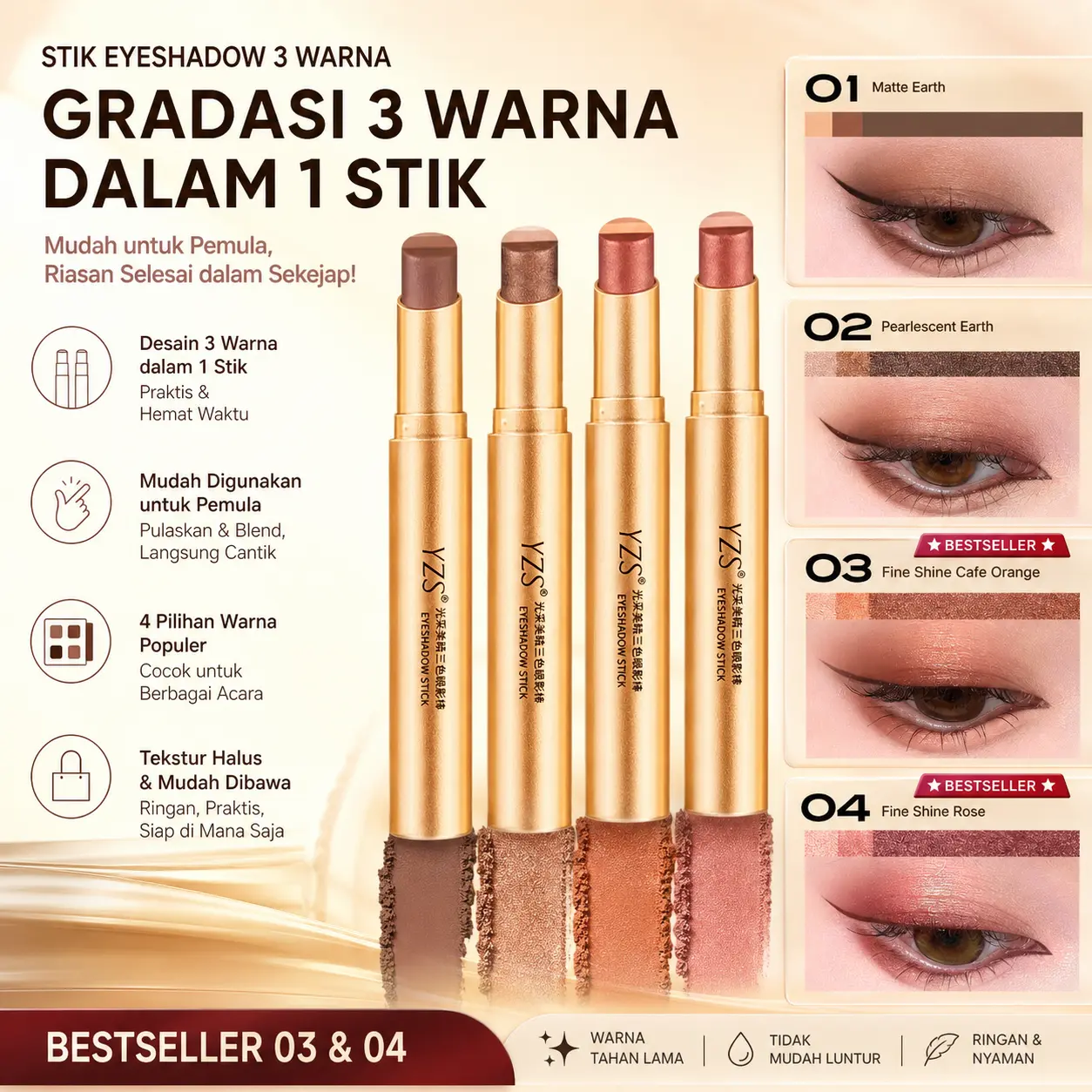 [COD] Eye Shadow Stick 3 Warna Gradient, Tahan Lama, Anti Luntur, Tekstur Matte & Shiny, Sempurna untuk Makeup Harian!