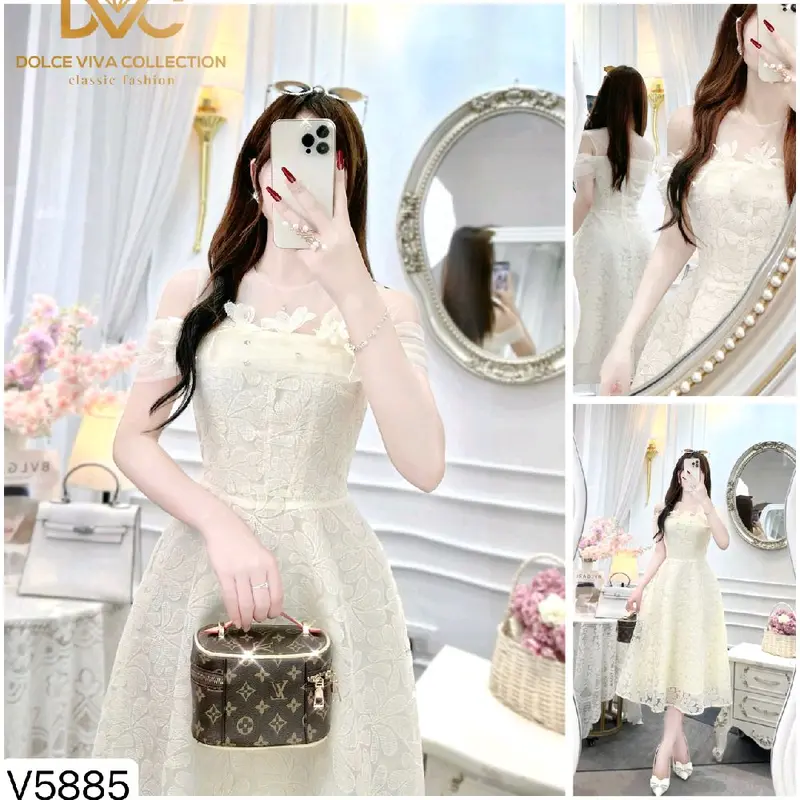 V5885 Váy Ren Thiết Kế Đính Kết Hoa Xinh Tiểu Thư Sang Chảnh DVC 6