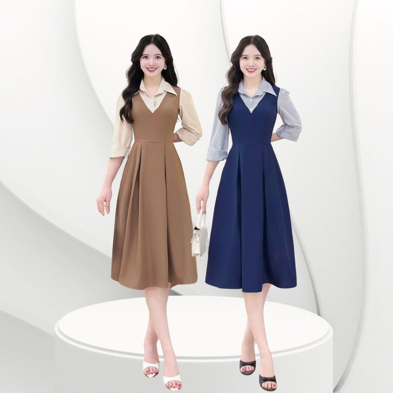Đầm váy nữ thiết kế Nhật Vy cổ sơ mi tay dài form dáng xoè chất lụa bigsize công sở văn phòng dự tiệc quà tặng vợ màu nâu xanh đen - D3313