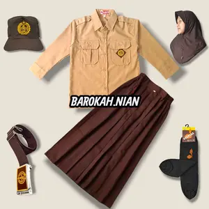Barokah.Nian Setelan Kerudung Seragam Sekolah Pramuka SD Baju Penggalang Panjang Rok Pramuka Rempel Panjang Aksesoris Lengkap Kelas 1-6 SD Fashion
