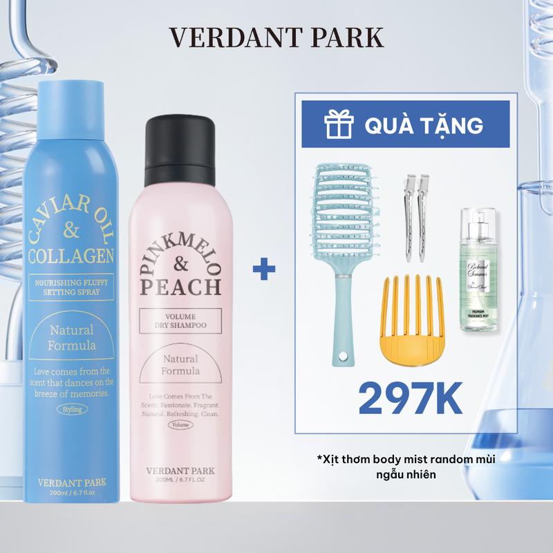 Combo xịt dưỡng giữ phồng tóc và xịt khô phồng tóc VERDANT PARK gel tạo kiểu tóc lâu bết giữ nếp tóc không gây cứng tóc Caviar Oil & Collagen Nourishing Fluffy Setting Spray dầu gội khô kiềm dầu lâu bết Pinkmelo Peach Verdantpark COMBO83 COMBO84