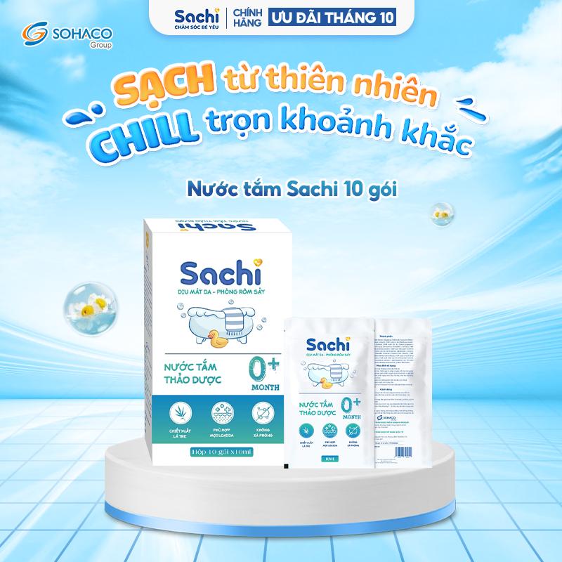 Nước tắm thảo dược an toàn cho bé Sachi hộp 10 gói x 10ml làm sạch nhẹ nhàng dịu mát da, hạn chế mảng bám da đầu
