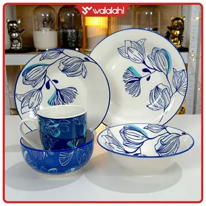 Blooming Blue Dinner Set Series - Omega Plate 9.25" + Soup Plate 8" + Salad Bowl 7" + Bowl 5.25" + Mug 12 OZ Keramik Biru Seri Blooming Blue
