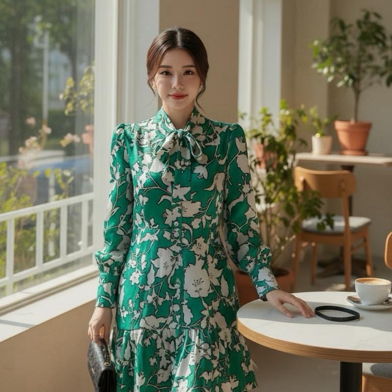 (Xả kho nghỉ bán) đầm lụa xanh hoạ tiết V1 <100cm vừa