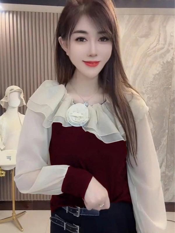  Áo Kiểu  nữ cổ bèo dài tay phối hoa bánh bèo thiết kế sang chảnh vải Thun Tăm Phối Tơ Óng 