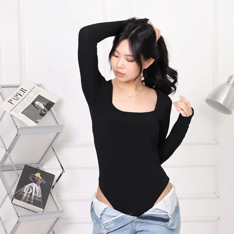 Lassmee | MINJI Baju Atasan Wanita Long Sleeve Leher Kotak / Bodysuit Basic Polos Lengan Panjang Leher Kotak / Kaos Jersey Spandex Square Neck 1