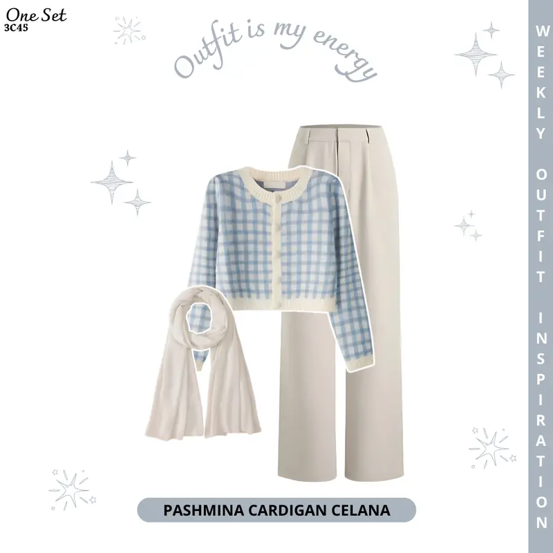 Outfit Hijab Style Cute 3in1 ( Atasan Cardigan Rajut Snow + Bawahan Celana Kulot Knit + Jilbab Pashmina Kaos Jersey ) Ootd Casual Look Remaja Modis  3C45 0