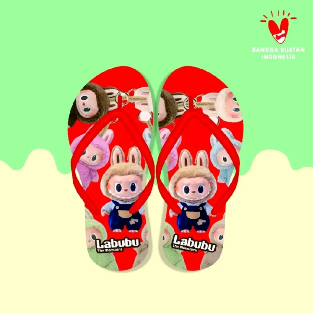 Sandal anak perempuan motip Labubu viral Sendal Jepit Wanita spon Karet Cewek Fashion Kaki Motif Sepatu