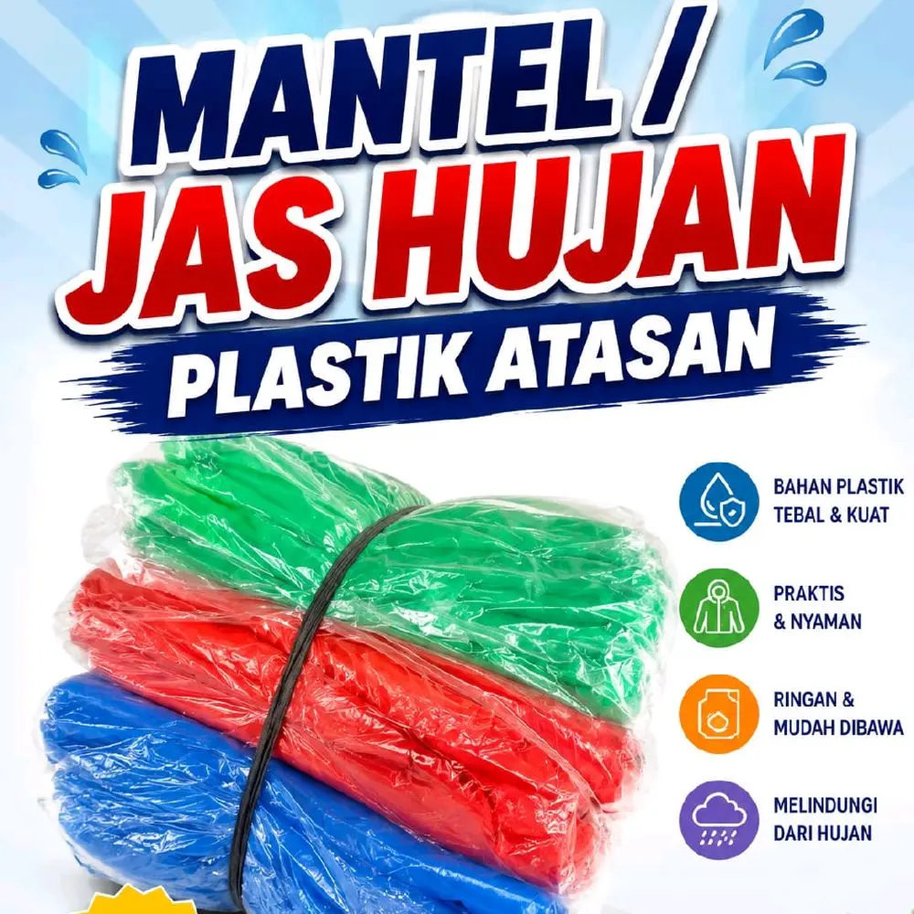 Mantel Jas Hujan Plastik Atasan Bahan Tebal Kuat Praktis Nyaman Ringan Mudah Dibawa Melindungi Dari Hujan isi 6 pcs