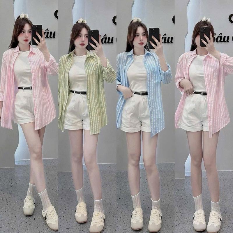 Sét bộ đồ nữ 4 món áo lót bên trong phối áo sơ mi thêu sọc tay dài mix quần đùi kaki kèm nịt với 2 tone màu trẻ trung cho nàng đi chơi