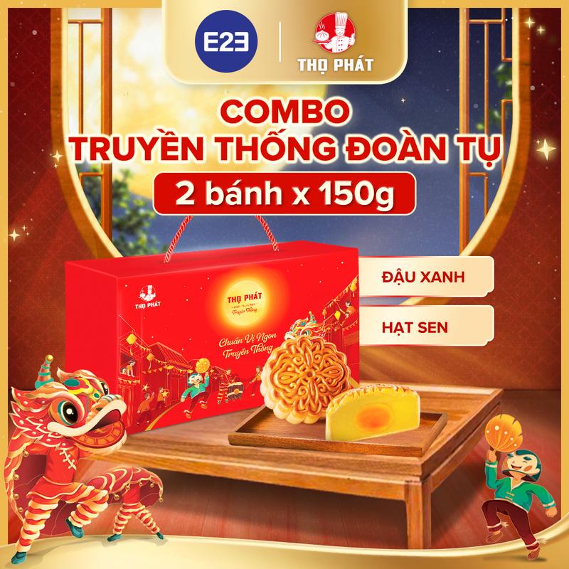 COMBO TRUYỀN THỐNG ĐOÀN TỤ Set Hộp Bánh Trung Thu Thọ Phát  2 bánh, loại 1 Trứng - gồm vị: Đậu xanh 150g, Hạt Sen 150g | E2E Thực Phẩm Đồ Ăn | Kido Group