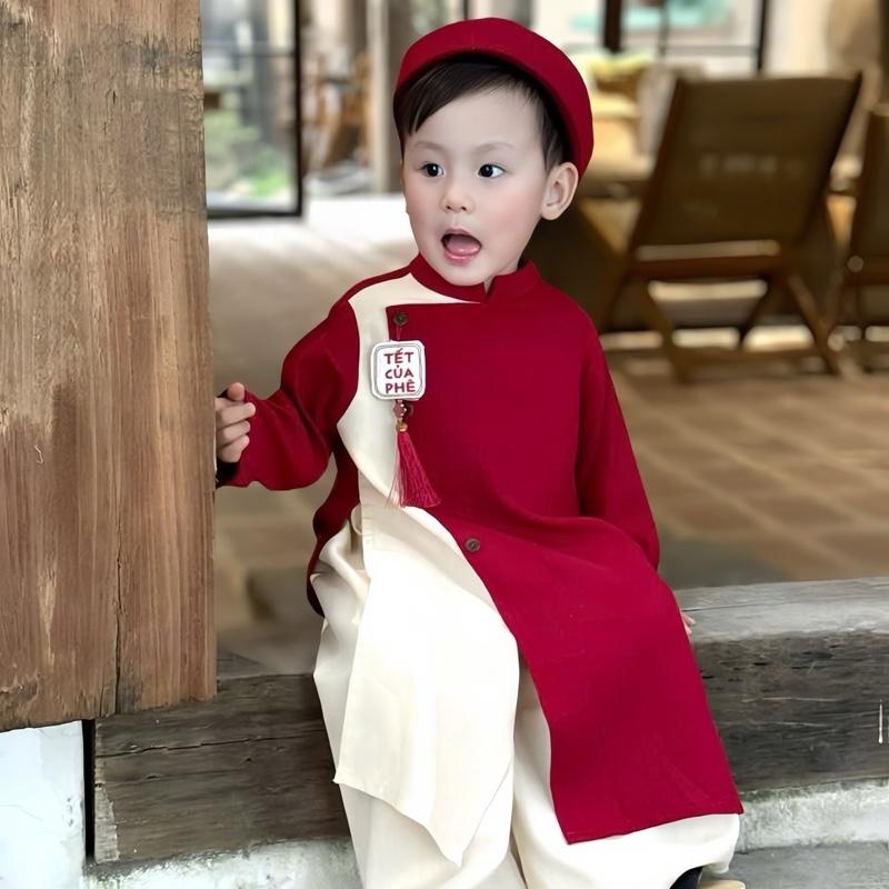 Kho sỉ Mẹ Gạo Mẹ CHỌN ĐÚNG SAI FORM TO Bộ Áo Dài Cách Tân Tết Cho Bé Trai,Thêu Nổi Chữ,Mặc Tết Đi Chơi Chụp Ảnh,áo dài tết cách tân màu đỏ phối be.m aodaibetrai aodaicachtanchobe aodaitet