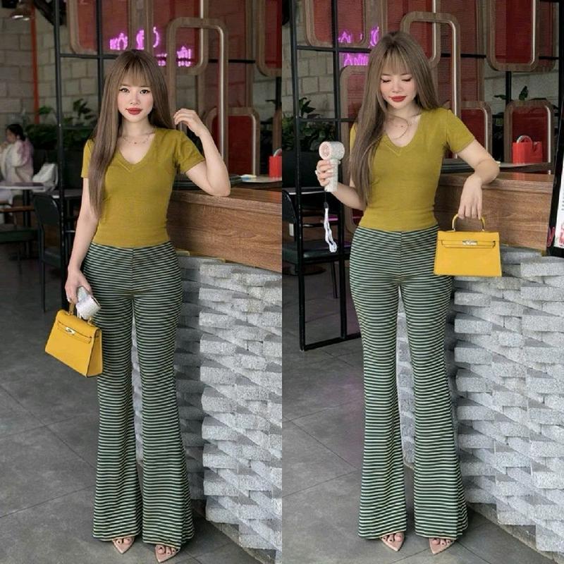 Set Cổ Tim Tay Cộc Chất Borip Thai Màu Dưa Cải Phối Quần Loe Sọc Ngang Đen Không Túi 40/60kg 0