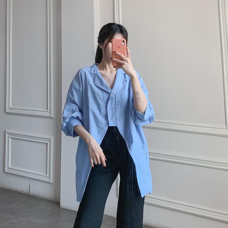 (Posy) Atasan Wanita Plain Hoppy Blouse Bahan Katun Denim Kemeja Polos Wanita Kancing 3