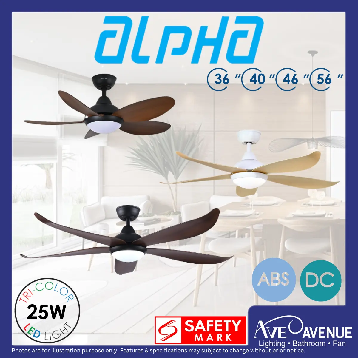 ALPHA LUNA 5 BLADES DC Motor 36/40/46/56 Inch Ceiling Fan with 3 Tone LED Light Kit and Remote Control