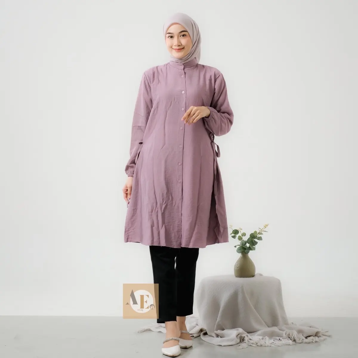Amora Tunik Polos Polo Linen Full Kancing Aktif Busui Friendly Pinggang Tali Aktif ada karet ll Kemeja Wanita Kekinian Casual Atasan Muslim Panjang Kerah Basic Wudhu dan Busui Friendly long Formal Katun Dress