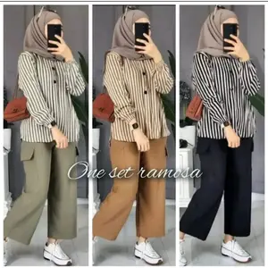 Harga Promo 100 Ribu 3 Pcs Setelan Wanita Muslim Cantik Setelan Salur Terbaru Baju Setelan Wanita Kekinian Baju One Set Celana Cargo Panjang Bahan Katun Micro Setelan Wanita Motif Salur Kekinian One Set Ramosa Setelan Wanita Kekinian