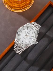 RICECGO 1pc reloj para hombre, con correa de acero inoxidable duradera, esfera grande de 42mm con diseño de diamantes de imitación, función de fecha y accesorios de joyería elegantes, adecuado tanto para uso de negocios como diario