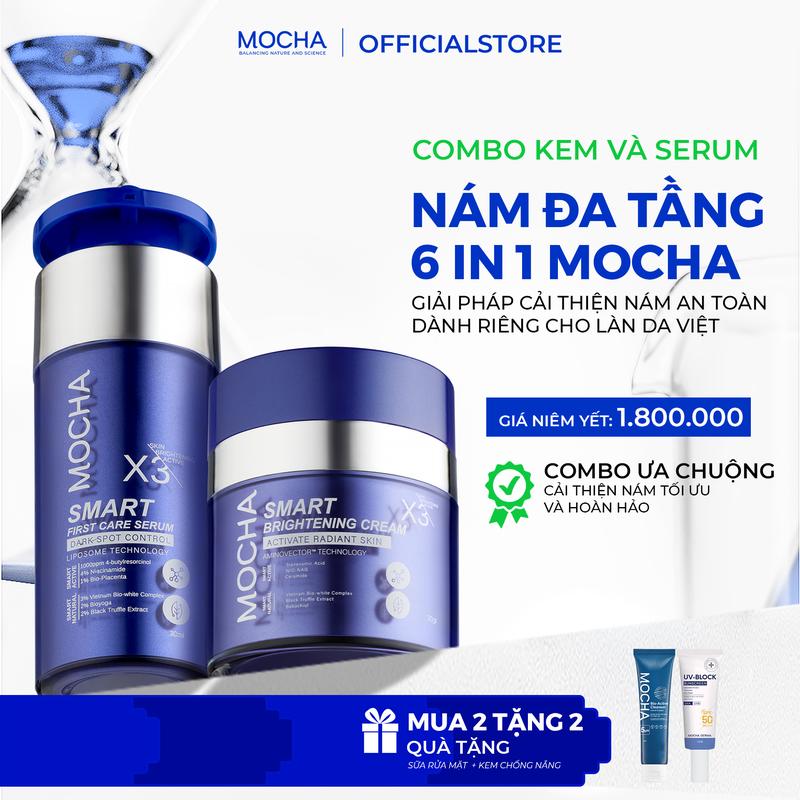Combo Kem Giảm Sạm Nám Chuyên Sâu MOCHA & Tinh Chất Làm mờ thâm Nám từ Tầng Sâu, Gồm 4 sản phẩm: Kem Nám Mocha 30gr, Serum Nám Mocha 30ml Tặng Sữa Rửa Mặt + Kem Chống Nắng Skin care premium skin Chăm Sóc Da Nám, Tàng Nhang