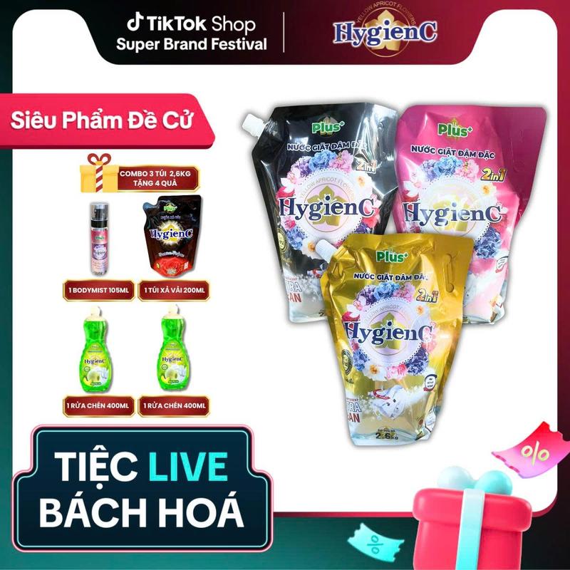 [HOT - TẶNG 4 MÓN QUÀ] Combo 3 Túi Nước giặt HygienC Plus (2600ml/Túi) thơm ngát, làm sạch - Hàng Việt Nam sản xuất - (QUÀ: 1 BODYMIST màu ngẫu nhiên + 1 TÚI XẢ VẢI 200ML + 2 CHAI NƯỚC RỬA CHÉN 400ML)